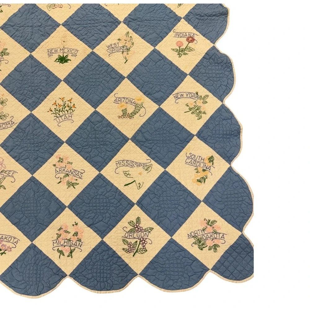 Vintage 48 State Embroidered Quilt 1930s Blue White Hand Quilted Scalloped Edge